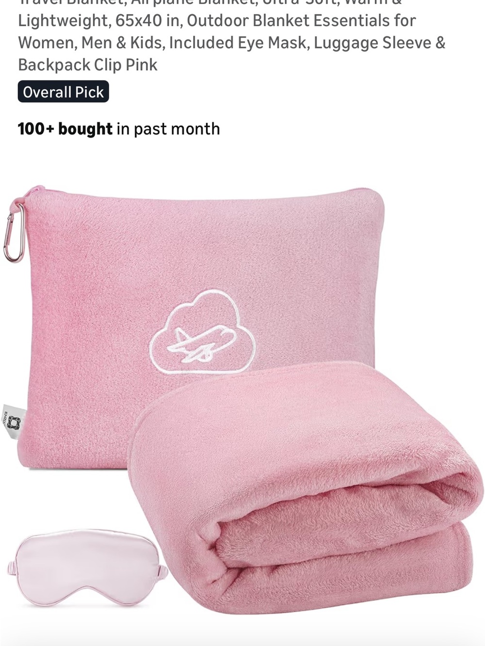 Pink Travel Blanket Set with Matching Eye Mask new in package